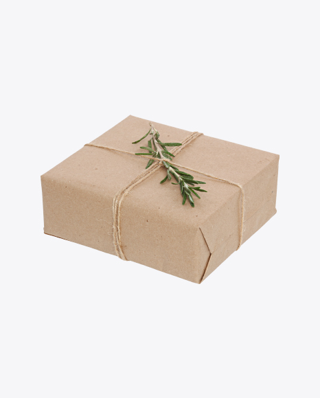 Christmas Gift Box Wrapped in Craft Paper with Rosemary PNG