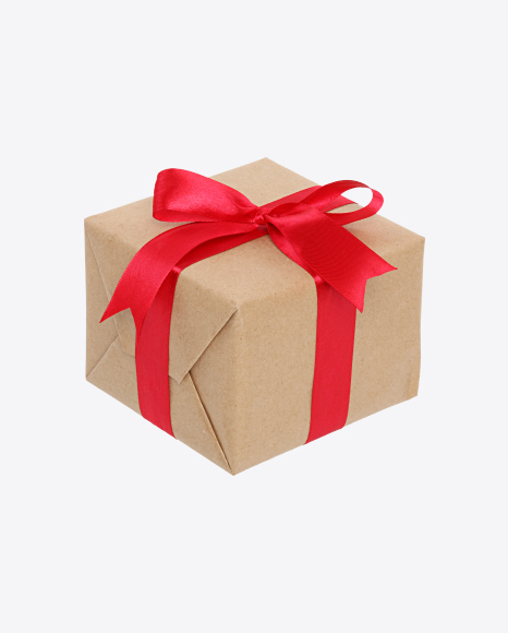 Christmas Gift Box Wrapped in Craft Paper with Red Bow PNG