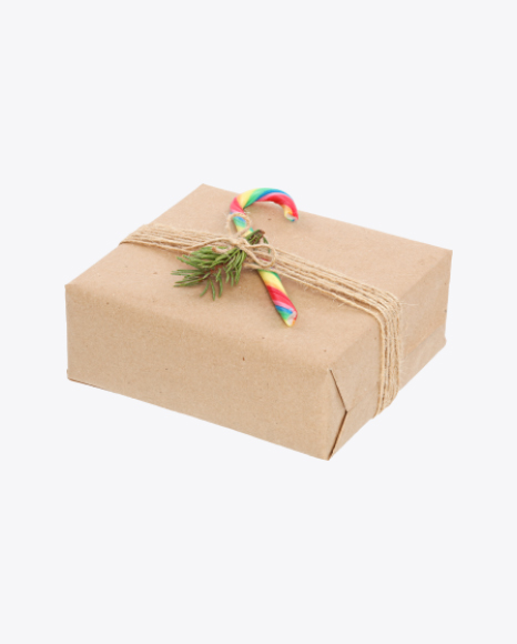 Christmas Gift Box Wrapped in Craft Paper with Candy Cane PNG