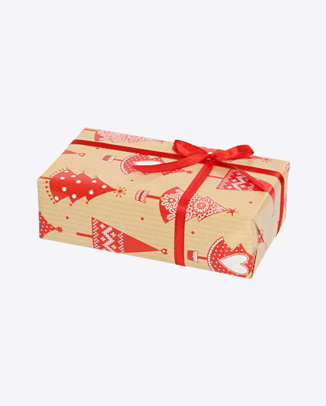 Christmas Gift Box Wrapped in Craft Paper with Christmas Trees Pattern PNG
