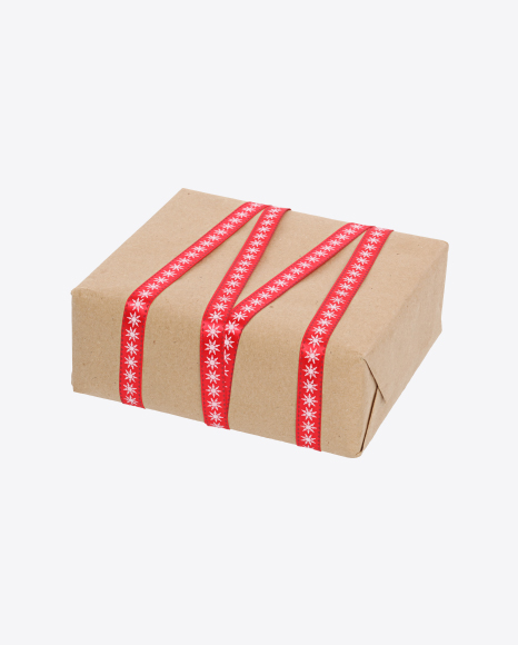 Christmas Gift Box Wrapped in Craft Paper with Red Ribbon PNG