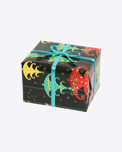 Christmas Gift Box Wrapped in Black Paper with Christmas Trees Pattern PNG