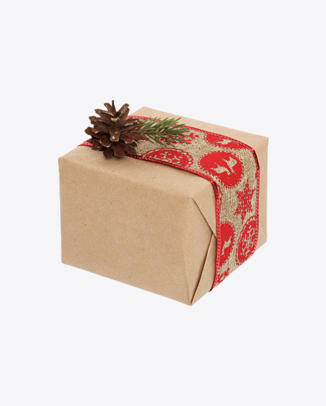Christmas Gift Box Wrapped in Craft Paper with Linen Ribbon and Cone PNG