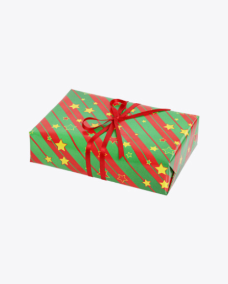 Christmas Gift Box Wrapped in Green Paper with Stripes and Stars Pattern PNG