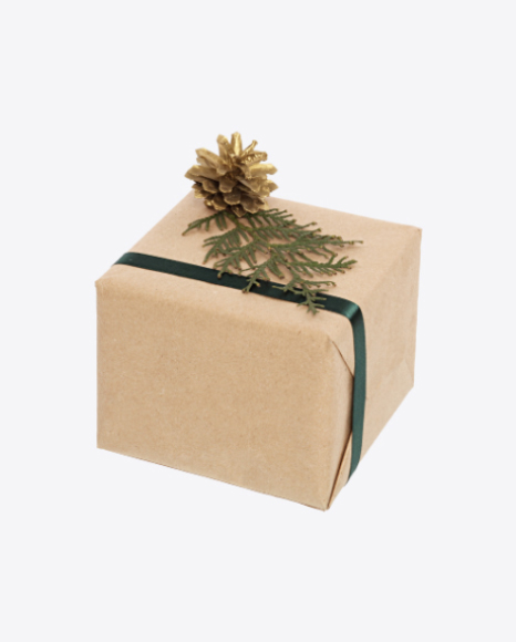 Christmas Gift Box Wrapped in Craft Paper with Green Ribbon PNG