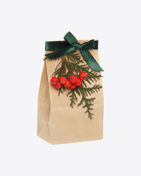 Christmas Gift in Paper Bag with Rowanberry Branch PNG