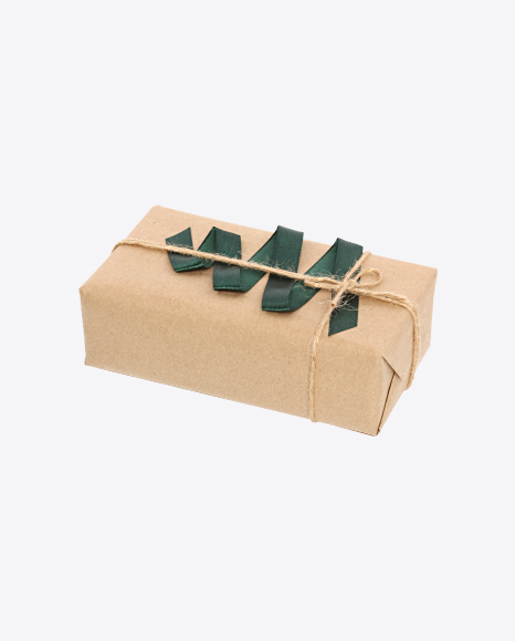 Christmas Gift Box Wrapped in Craft Paper with Green Ribbon Decor PNG