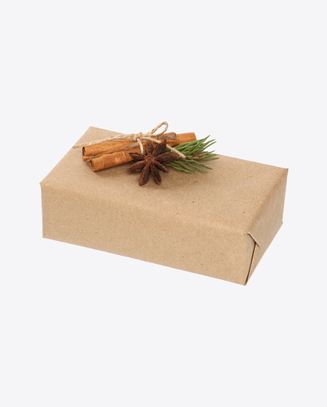 Box Wrapped in Craft Paper with Cinnamon, Anise and Spruce Branch PNG