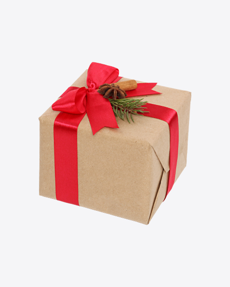 Christmas Gift Box Wrapped in Craft Paper with Red Bow and Decor PNG