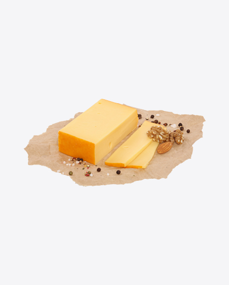 Sliced Block of Gouda Cheese, Nuts and Spices on Craft Paper PNG