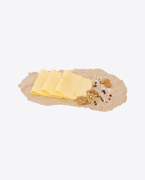 Slices of Cheese with Fenugreek, Nuts and Spices on Craft Paper PNG
