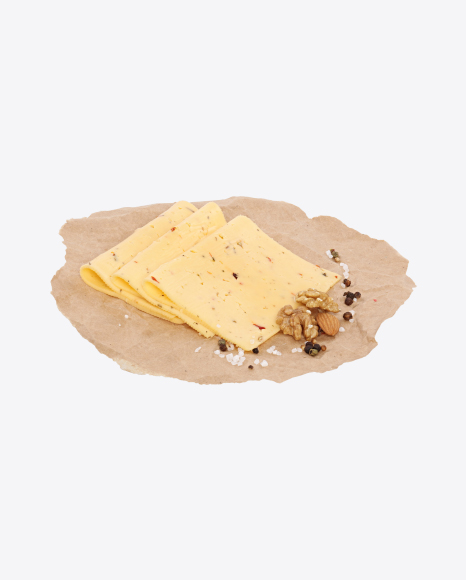Slices of Cheese with Tomato and Basil, Nuts and Spices on Craft Paper PNG