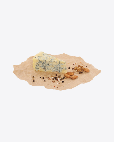 Blue Cheese Triangular Slice with Nuts and Spices on Craft Paper PNG