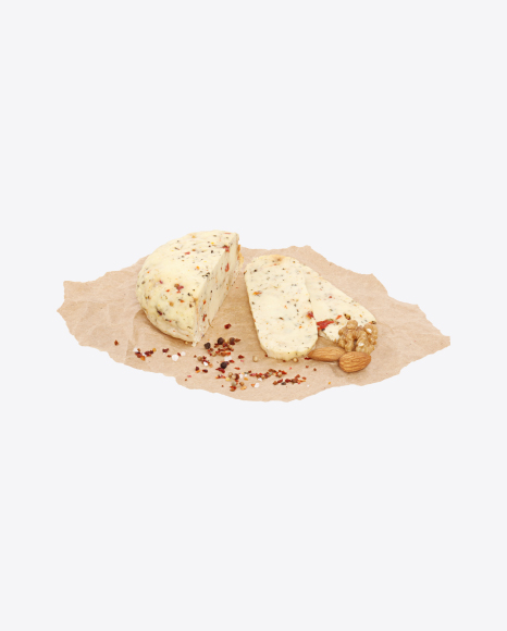 Sliced Soft Cheese with Tomato and Basil, Nuts and Spices on Craft Paper PNG