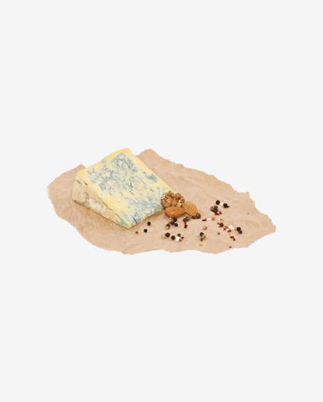 Blue Cheese Triangle with Nuts and Spices on Craft Paper PNG