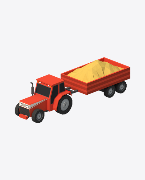 Low Poly Tractor with Trailer PNG