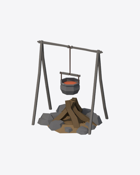 Low Poly Campfire with Bowler Pot PNG