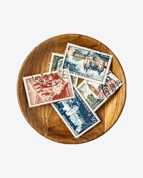 Postage Stamps in Wooden Bowl PNG