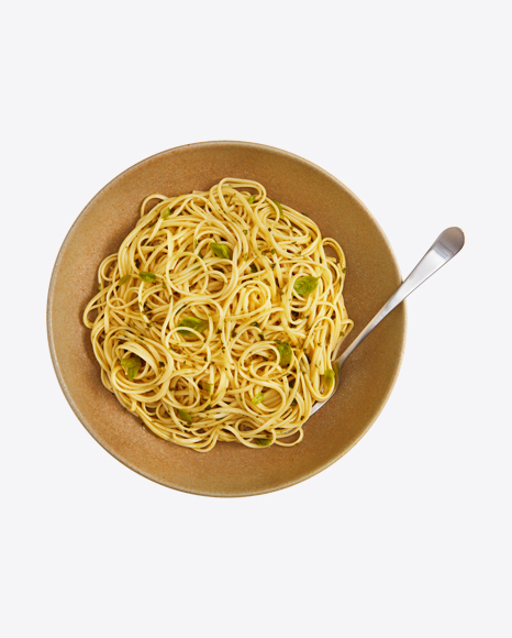 Spaghetti Pasta with Greens in Plate w/ Fork