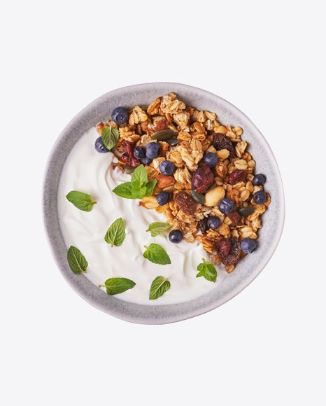Granola w/ Yoghurt & Blueberries in Bowl PNG