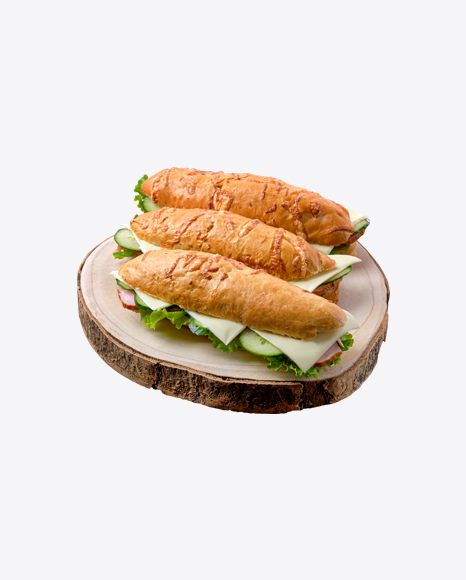 Sandwiches w/ Cheese, Bacon & Greens on Wooden Slice PNG