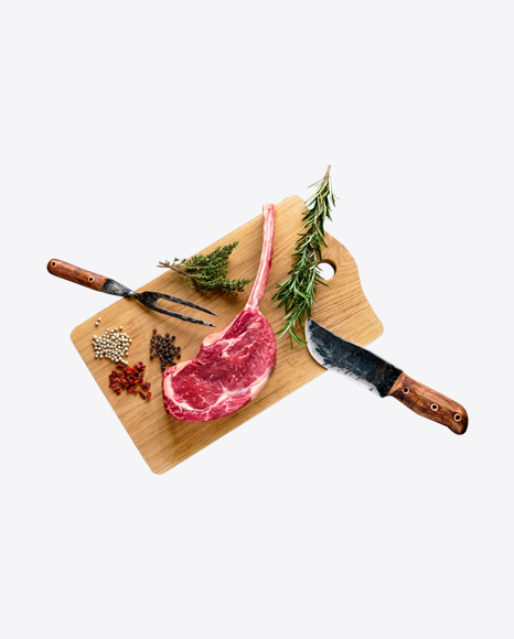Raw Tomahawk Steak w/ Spices, Fork & Knife on Wooden Board PNG