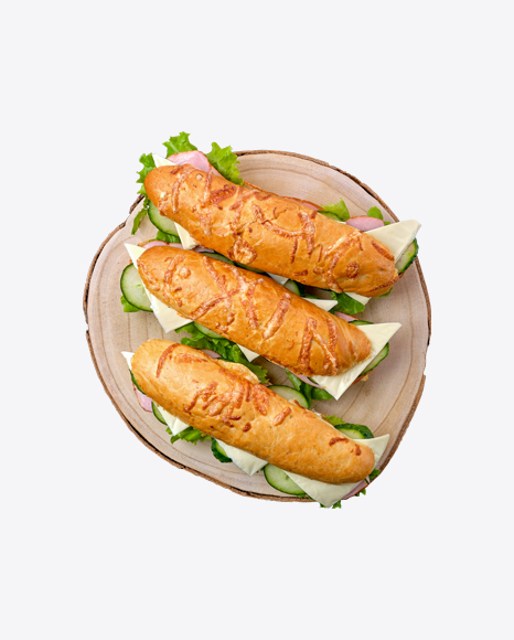 Sandwiches w/ Cheese, Bacon & Greens on Wooden Slice PNG