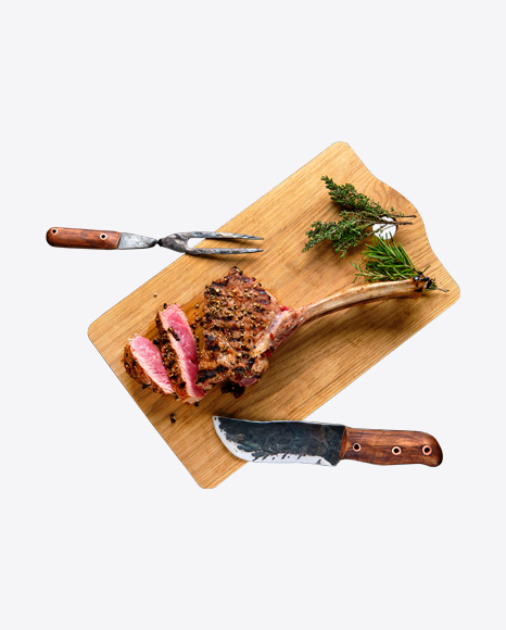 Tomahawk Steak w/ Spices, Fork & Knife on Wooden Board PNG