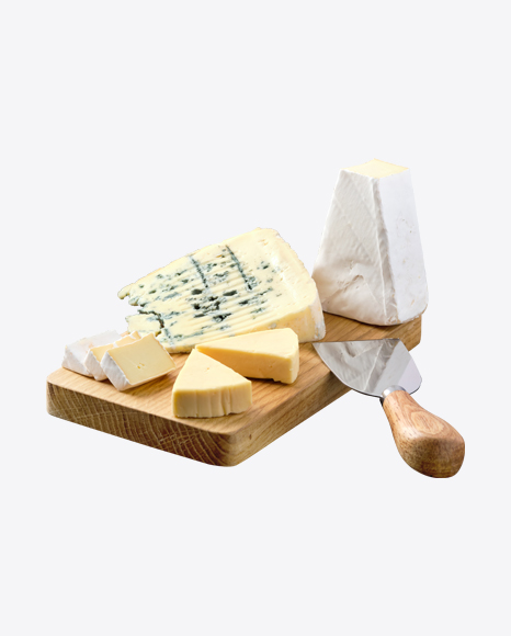 Brie & Dorblu Cheezes on Wooden Board PNG