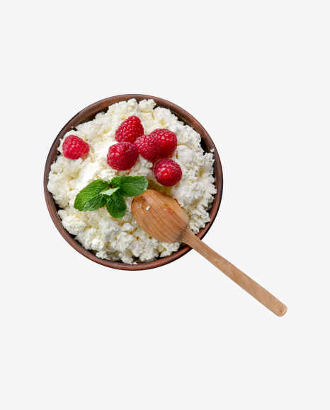 Quark in Wooden Bowl w/ Raspberries & Wooden Spoon PNG