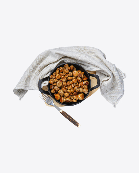 Baked Mashrooms in Pot on Wooden Board w/ Fork & Kitchen Towel PNG