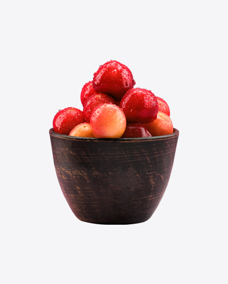 Cherries w/ Water Drops in Wooden Bowl PNG