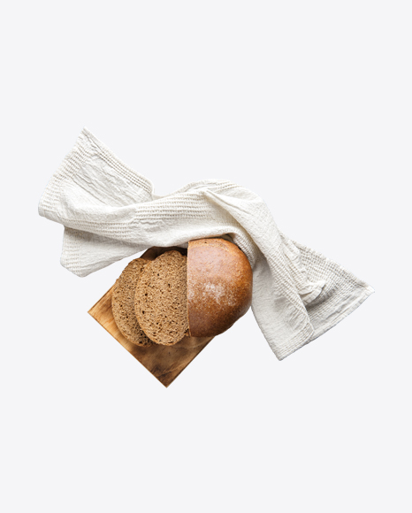 Sliced Bread on Wooden Board w/ Kitchen Towel PNG