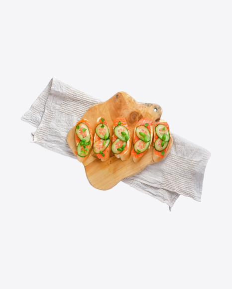 Salmon Bruschettas on Wooden Board & Kitchen Towel PNG