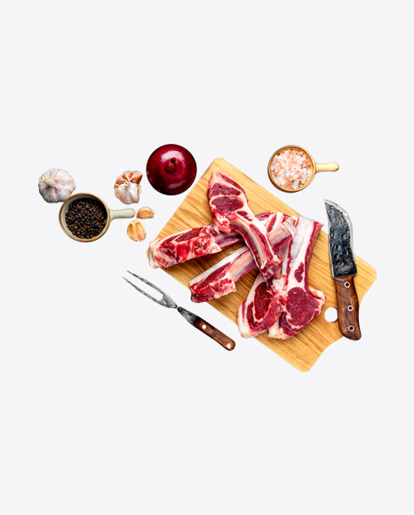 Raw Ribbs w/ Onion, Garlic & Spices on Wooden Board PNG