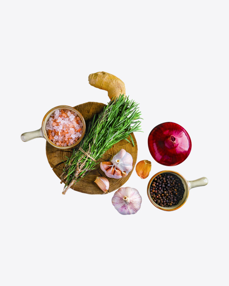 Rosemary, Salt & Garlic on Wooden Board w/ Onion, Black Pepper & Ginger PNG