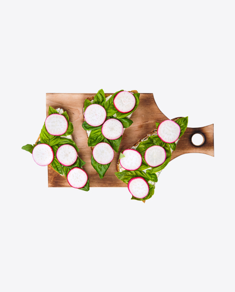 Sandwiches w/ Radish, Spihach & Cream Cheese on Wooden Board PNG