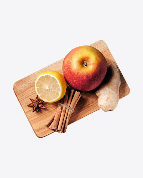 Apple, Lemon, Cinnamon Sticks, Anice Star & Ginger on Wooden Board PNG