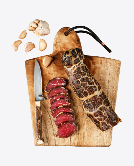 Smoked Dried Beef on Wooden Cutting Board PNG