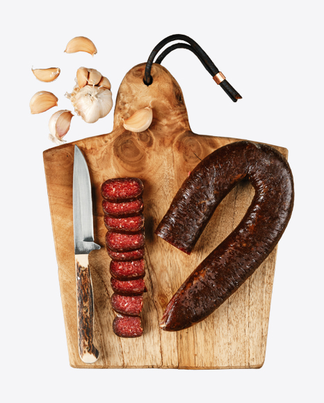 Smoked Beef Sausage on Cutting Board PNG
