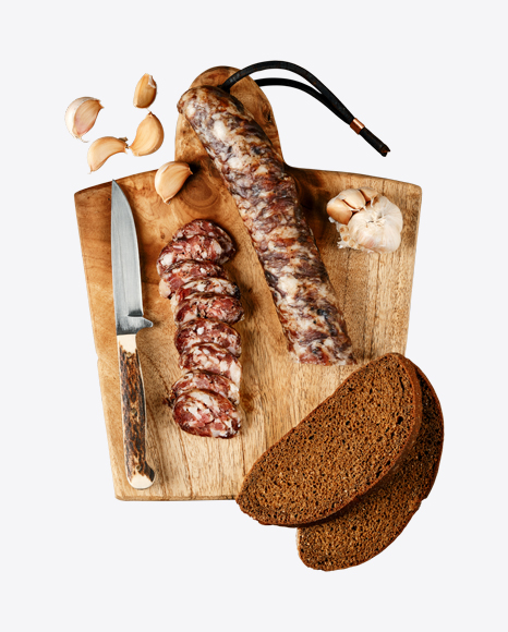 Smoked Pork Sausage on Wooden Cutting Board PNG