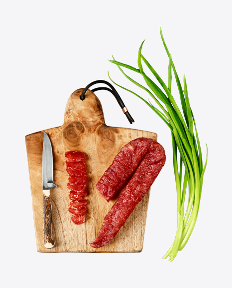 Dried Turkey Sausage on Wooden Cutting Board PNG