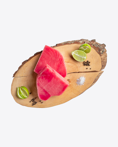 Tuna Pieces on Wooden Slice PNG
