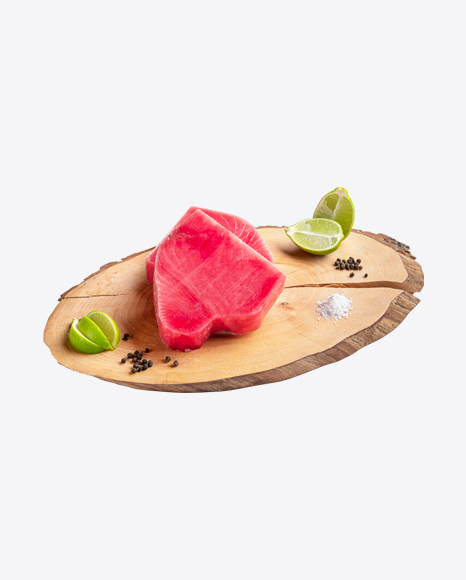 Tuna Pieces on Wooden Slice PNG