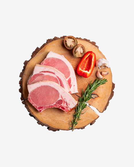 Raw Pork Slices on Wooden Slice w/ Vegetables PNG