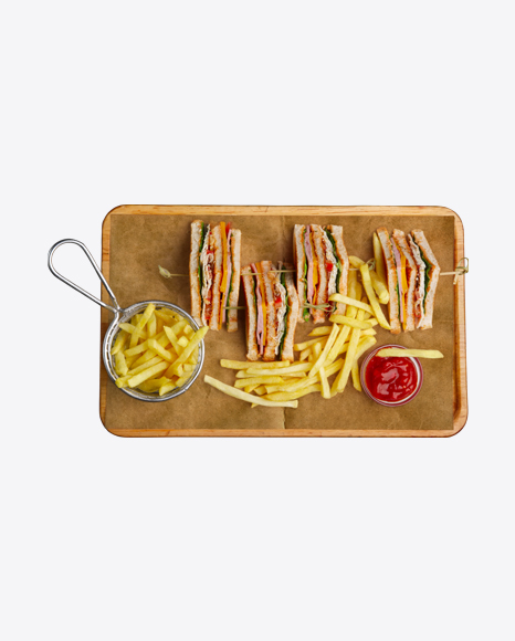 Club Sandwiches w/ French Fries & Ketchup PNG