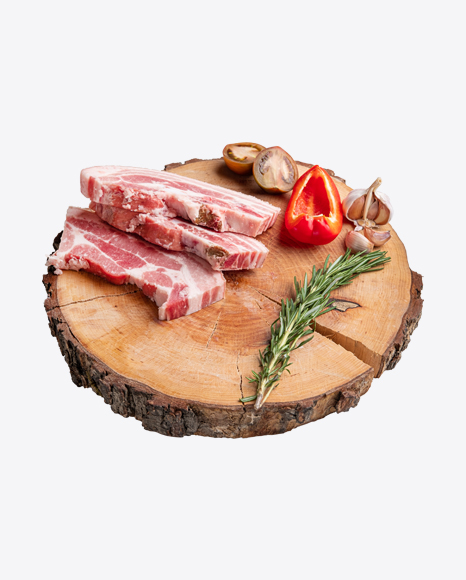 Raw Pork Slices on Wooden Slice w/ Vegetables PNG