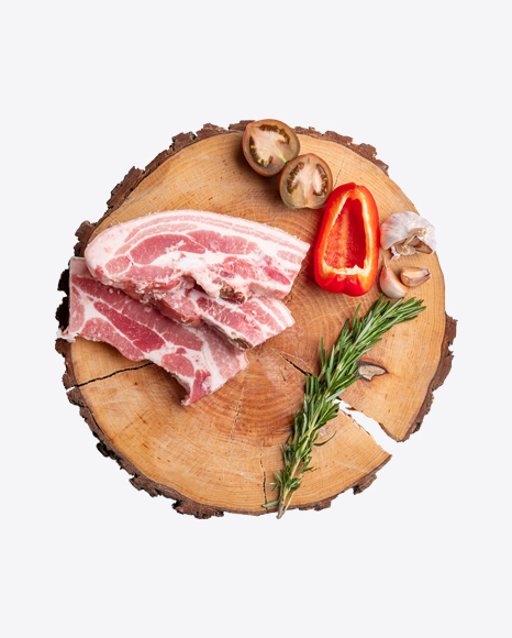 Raw Pork Slices on Wooden Slice w/ Vegetables PNG