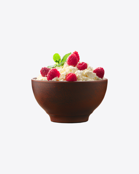 Cottage Cheese W/ Raspberries in Woodel Bowl PNG