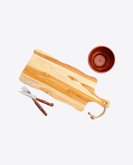Wooden Cutting Board w/ Tableware & Bowl PNG